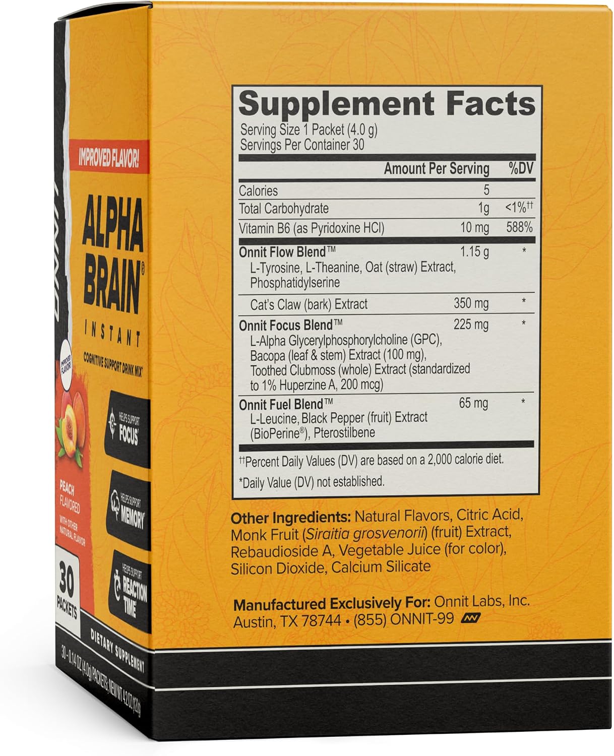 ONNIT Alpha Brain Instant - Mezcla para Bebida de Apoyo Cognitivo, Sabor Melocotón, 30 Sobres