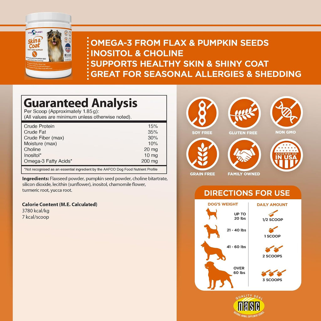 Vital Planet - Suplemento en Polvo para la Piel y el Pelaje de Perros con Colina, Inositol, Calabaza, Lino y Omega-3 - 60 dosis, 111g