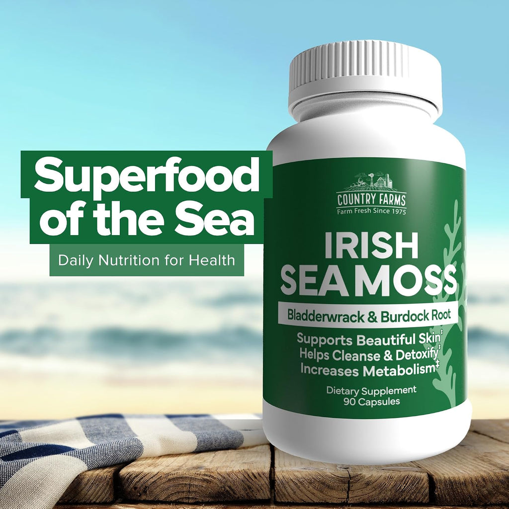 Country Farms Irish Sea Moss Cápsulas – Triple Mezcla con Musgo Irlandés, Raíz de Bardana y Fucus Vesiculoso, 90 Cápsulas