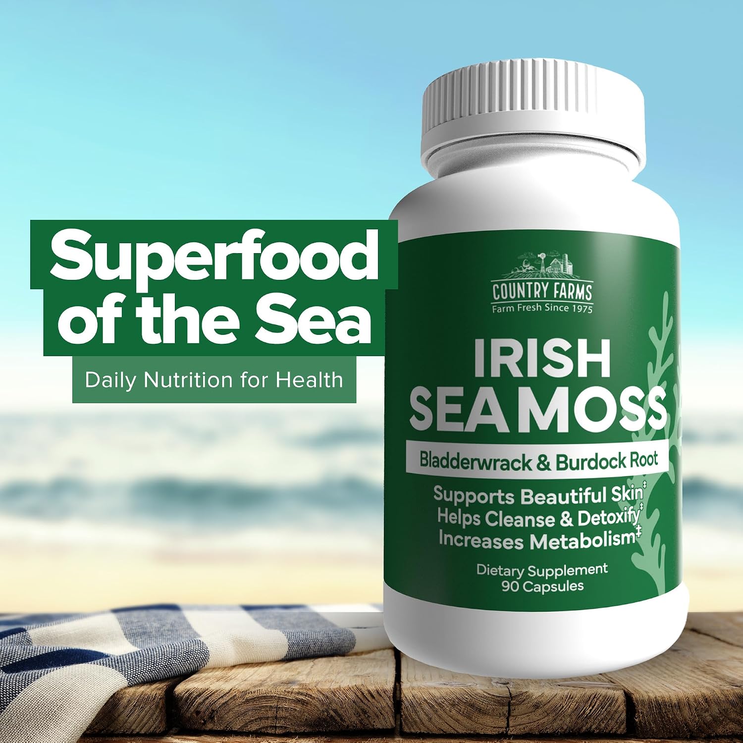 Country Farms Irish Sea Moss Cápsulas – Triple Mezcla con Musgo Irlandés, Raíz de Bardana y Fucus Vesiculoso, 90 Cápsulas
