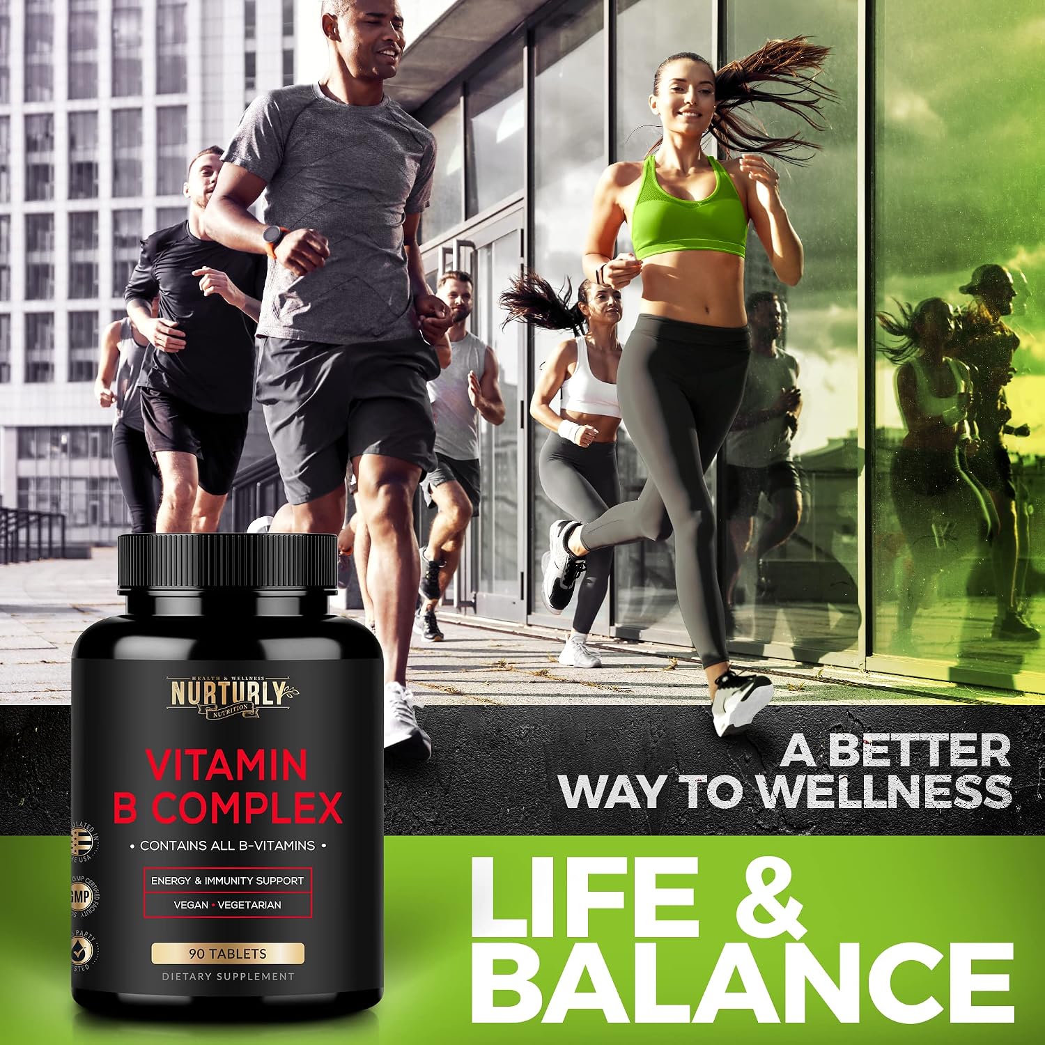 NURTURLY Complejo B – Vitaminas B1, B2, B3, B5, B6, B7, B9, B12 y Biotina – 180 Comprimidos