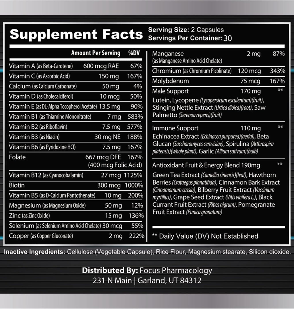 Focus Pharmacology Men's Daily Super Multi-Vitamin para Hombres - 60 Cápsulas