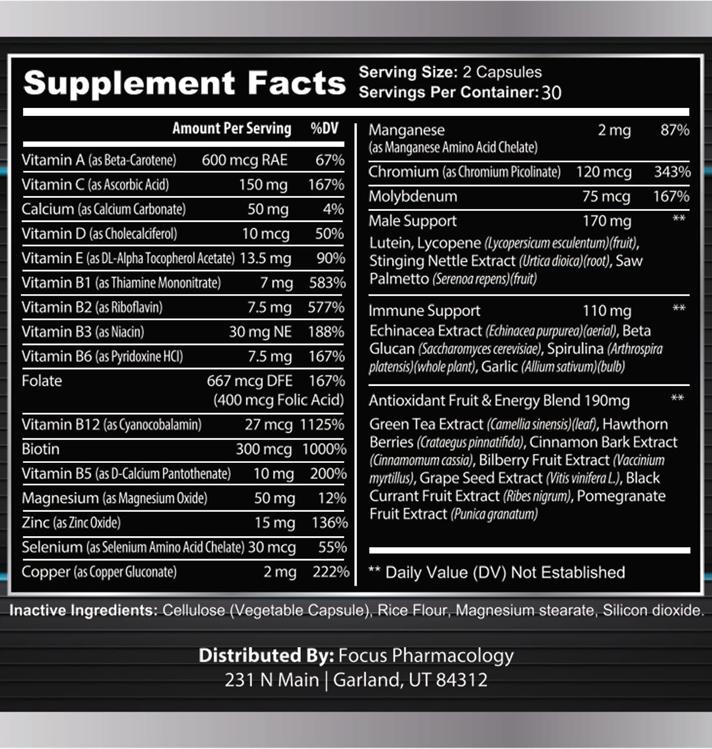 Focus Pharmacology Men's Daily Super Multi-Vitamin para Hombres - 60 Cápsulas
