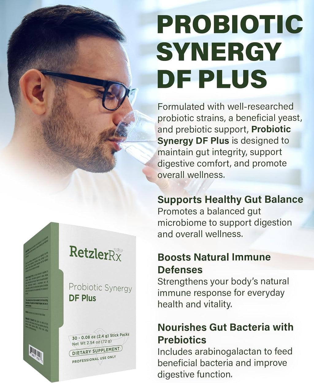 Probiotic Synergy DF Plus - 30 Billion CFU with Saccharomyces boulardii and Arabinogalactan - 30 Sachets - Comprehensive Support for Intestinal Ecology* - Professional Formula
