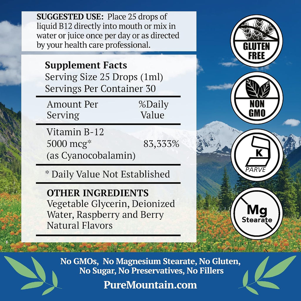 Pure Mountain Botanicals Vitamina B12 5000 mcg Gotas Líquidas – Sabor Natural a Bayas – 30 Dosis