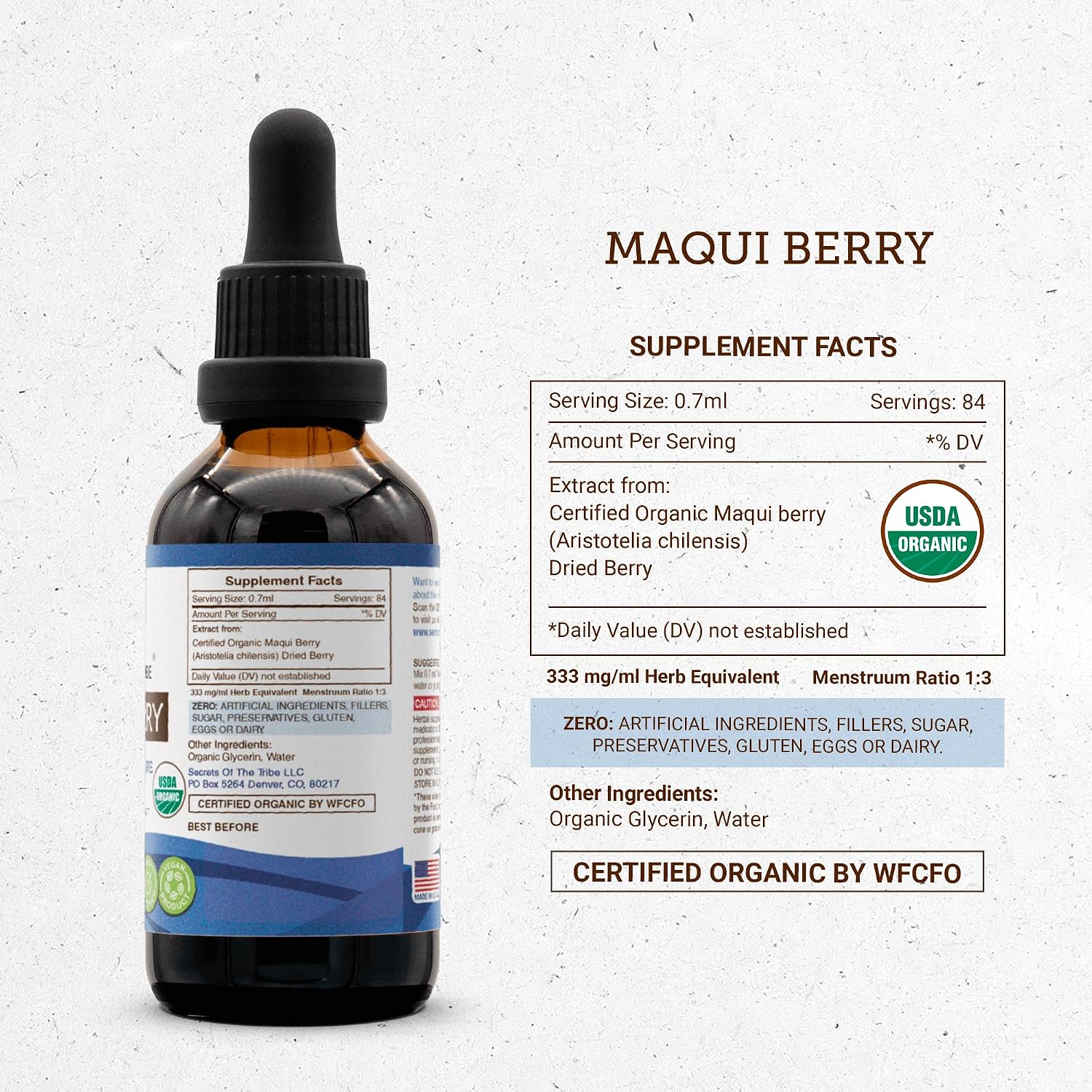 Secrets of the Tribe Maqui Berry Orgánico - Extracto Sin Alcohol - Gotas de Alta Potencia (59 ml)