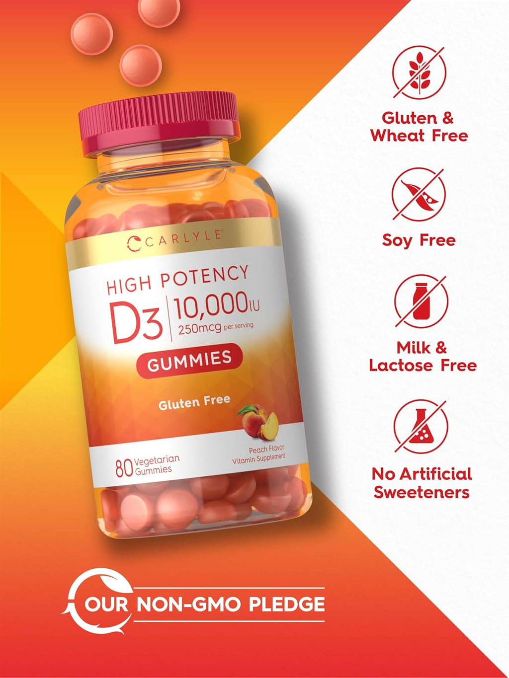 Carlyle Vitamina D3 10000 IU Gomitas para Adultos - Sabor Melocotón - 80 Gomitas - Vegetariano, No-GMO, Sin Gluten
