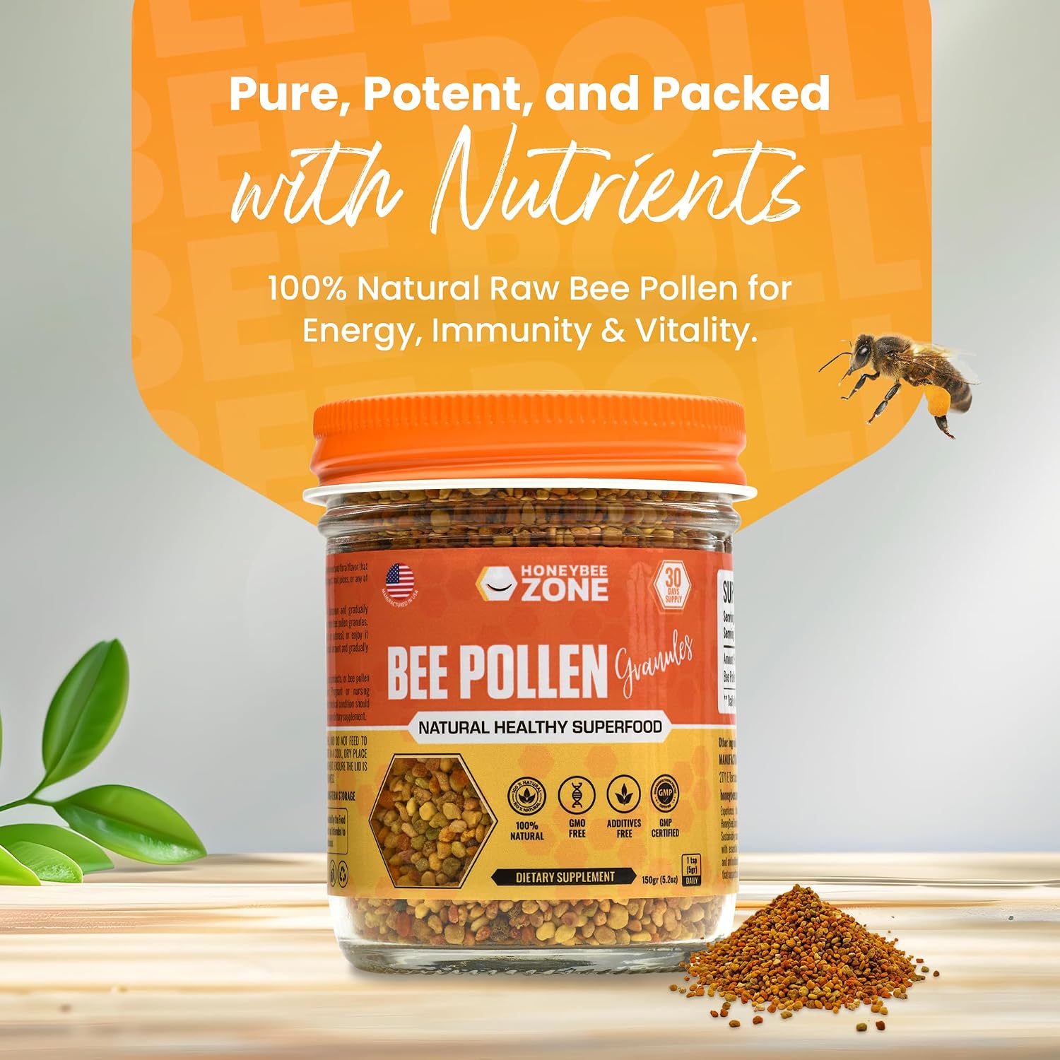 HONEYBEEZONE - Gránulos de Polen de Abeja Crudo, 5.2 oz (147 g), Superalimento Natural