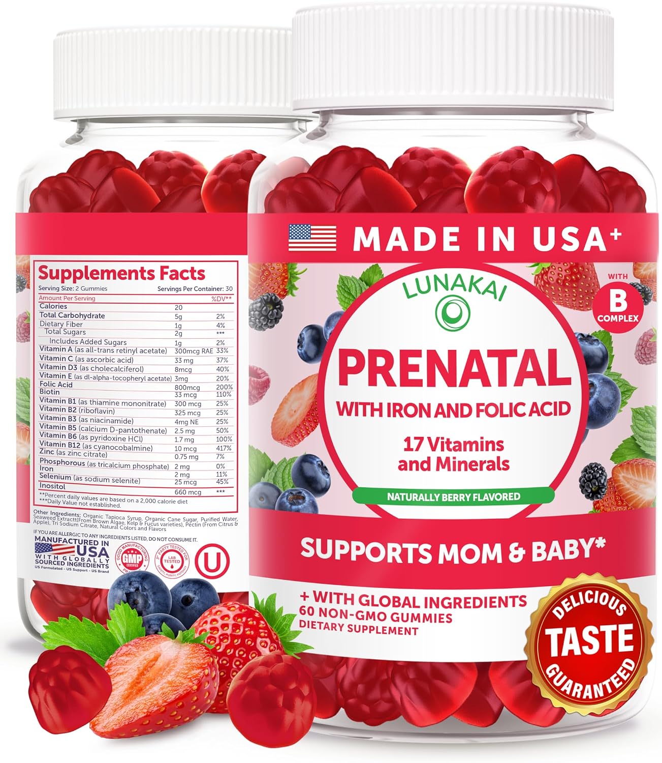 Lunakai Vitaminas Prenatales 17 en 1 con Hierro y Ácido Fólico – Gominolas para Mujeres, 60 Unidades