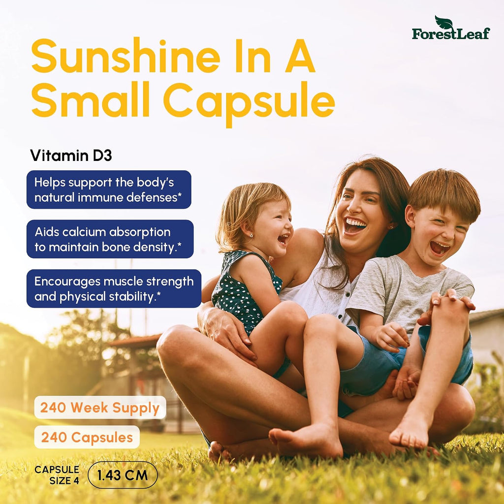 ForestLeaf Vitamina D3 50,000 UI | Suplemento de Vitamina D3 para Hombres y Mujeres | Salud Ósea, Dientes, Apoyo Inmunológico | Fácil de Tragar | Dosis Semanal, 240 Cápsulas (4 Años de Suministro)