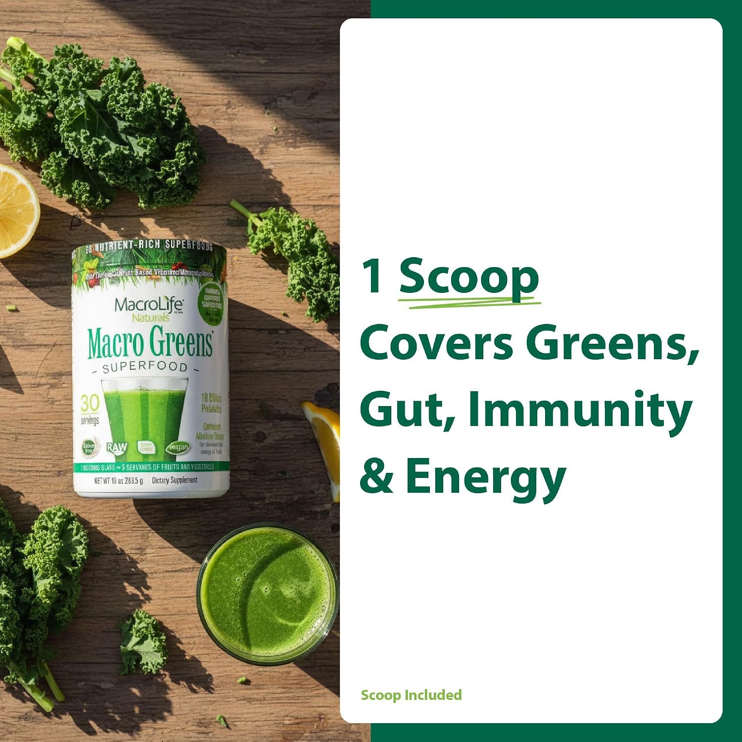 Macro Greens Superfood Powder – 38 Superalimentos con Probióticos, Enzimas y Adaptógenos | 18B UFC | 283 g (30 dosis)