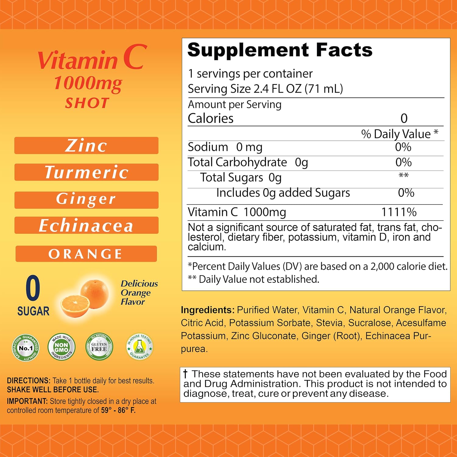 ALFA VITAMINS Shot de Vitamina C 1000mg con Zinc, Jengibre y Equinácea – Sabor Naranja – 20 viales de 72 ml
