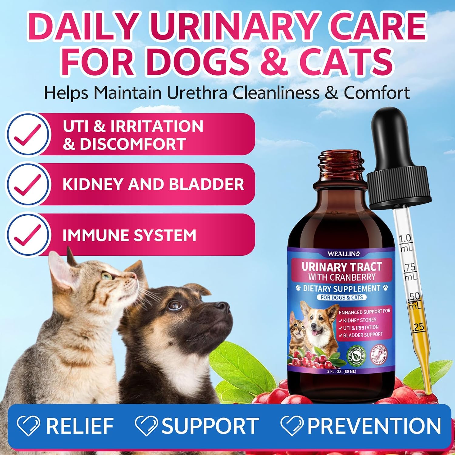 WEALLIN Gotas Naturales para el Tracto Urinario de Perros y Gatos con Arándano Rojo – Apoyo Renal y de Vejiga