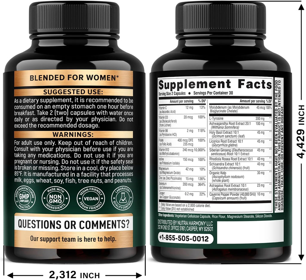 Apoyo Tiroideo para Mujeres - Selenio 200 mcg, Astragalus, Zinc y Yodo - Complejo 21 en 1 con Hierbas Adaptógenas - Vegano, No Transgénico - 60 Cápsulas