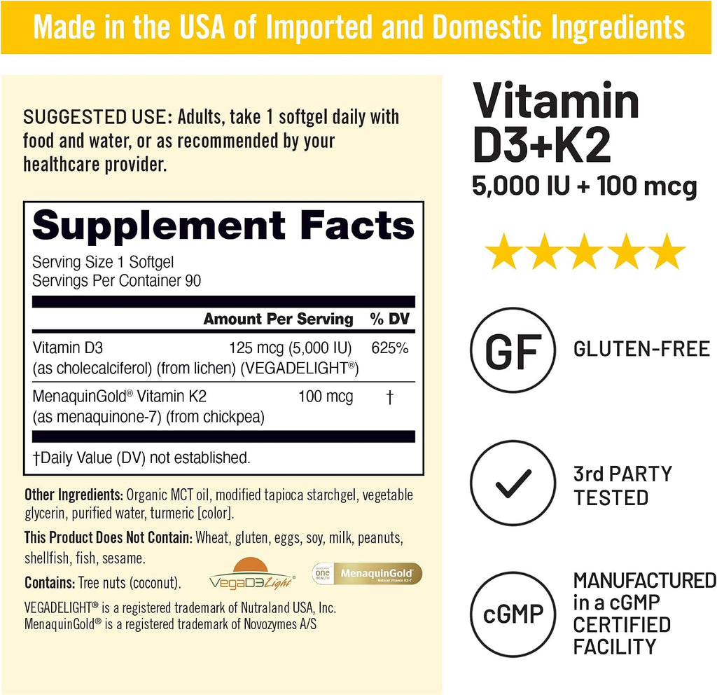 NatureWise Vitamina D3 + K2 Vegana con Aceite MCT de Coco Orgánico - 5000 UI D3 + 100 mcg K2 - 90 Cápsulas Blandas