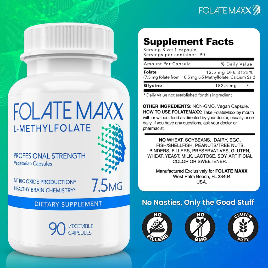 FOLATE MAXX L-Metilfolato 7.5mg, 90 Cápsulas – Complemento de Metil Folato de Alta Potencia para Mujeres y Hombres – 5-MTHF para Energía, Ánimo y Concentración – No-GMO, Sin Gluten (Suministro de 3 Meses)