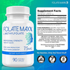 FOLATE MAXX L-Metilfolato 7.5mg, 90 Cápsulas – Complemento de Metil Folato de Alta Potencia para Mujeres y Hombres – 5-MTHF para Energía, Ánimo y Concentración – No-GMO, Sin Gluten (Suministro de 3 Meses)