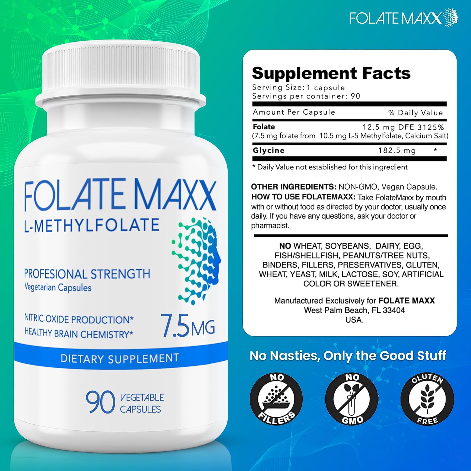 FOLATE MAXX L-Metilfolato 7.5mg, 90 Cápsulas – Complemento de Metil Folato de Alta Potencia para Mujeres y Hombres – 5-MTHF para Energía, Ánimo y Concentración – No-GMO, Sin Gluten (Suministro de 3 Meses)