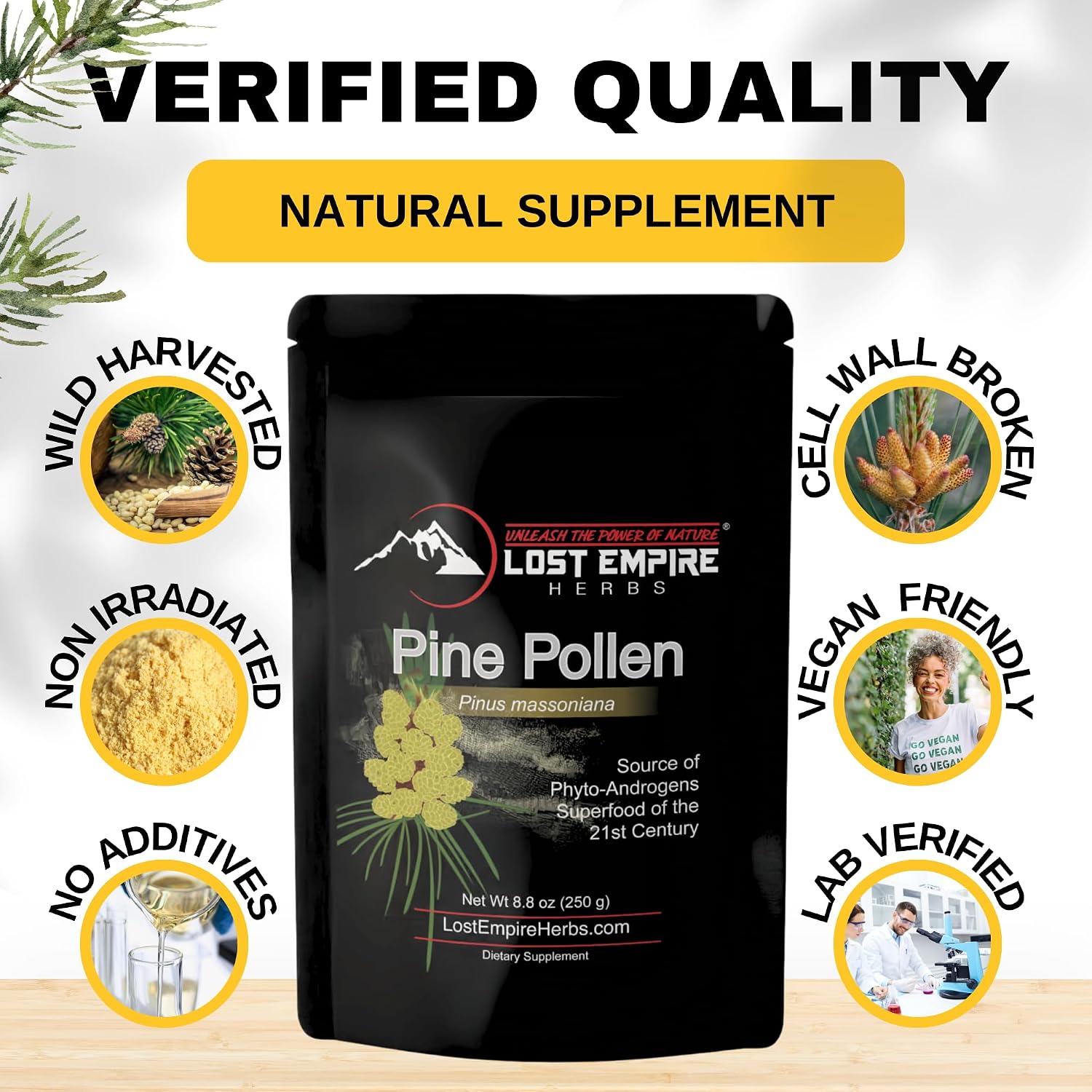 Polen de Pino en Polvo - No Irradiado, Recolectado Silvestre, Pared Celular Rota (250g)