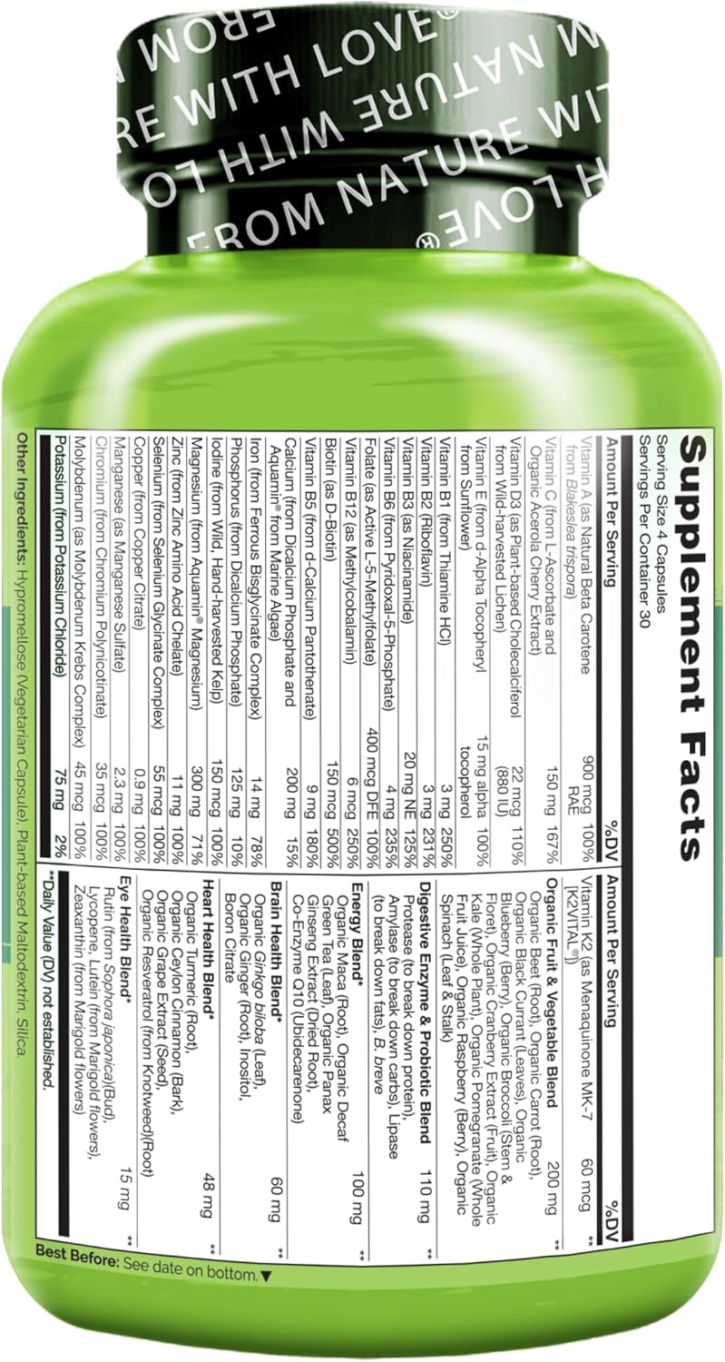 NATURELO Whole Food Multivitamin for Women - 120 Vegan Capsules with Vitamins, Minerals, and Organic Extracts