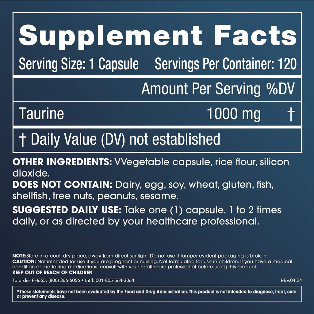 ProHealth Pure Taurine 1000 mg – 120 Cápsulas Vegetarianas