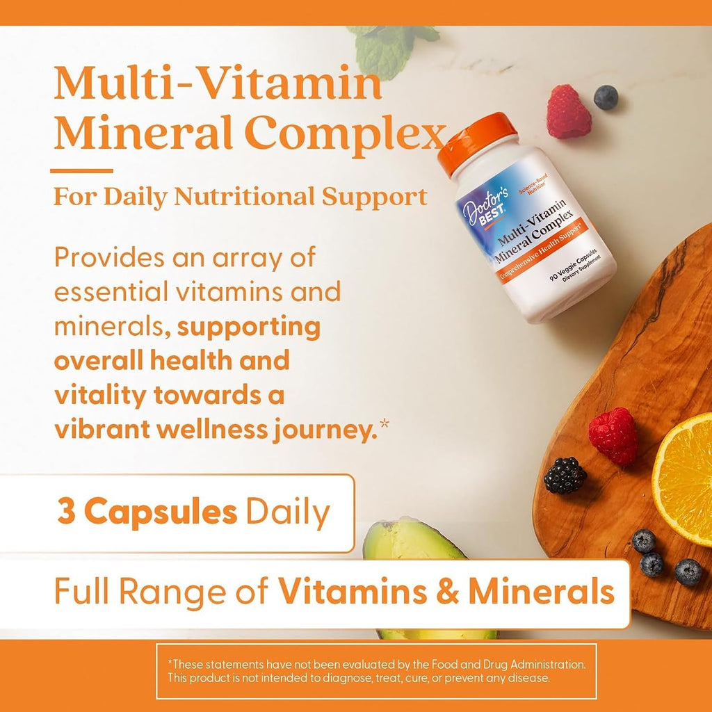 Doctor's Best Multi-Vitamin & Mineral Complex - Daily Vegan Multivitamin for Women & Men, Vitamins A, C, D3, E, K2, Riboflavin & Niacin, Adult Supplement, Non-GMO - 90 Veggie Capsules