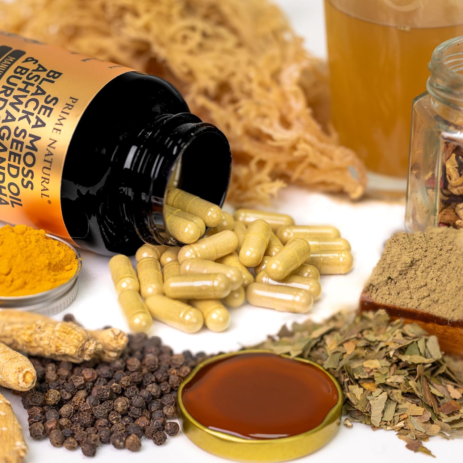 PRIME NATURAL Sea Moss 300mg Aceite de Semilla Negra 200mg Ashwagandha 100mg Cúrcuma Bladderwrack Bardana Miel de Manuka Diente de León Vinagre de Sidra de Manzana - 120 Cápsulas | 60 Días de Suministro | Vegano