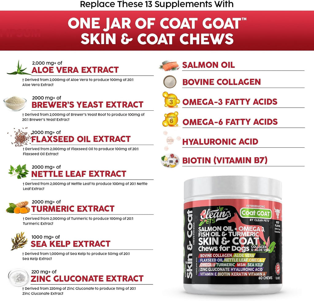 Clean Pets Aceite de Salmón Omega 3 para Perros con Colágeno, Aloe Vera, Biotina y Queratina - Suplemento para Piel y Pelaje