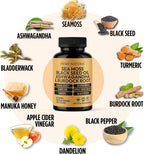 PRIME NATURAL Sea Moss 300mg Aceite de Semilla Negra 200mg Ashwagandha 100mg Cúrcuma Bladderwrack Bardana Miel de Manuka Diente de León Vinagre de Sidra de Manzana - 120 Cápsulas | 60 Días de Suministro | Vegano