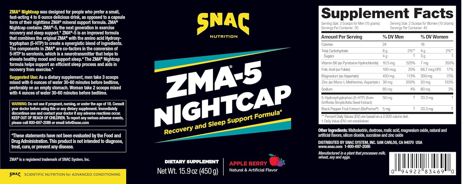 ZMA-5 Nightcap Recuperación Rápida - Preentrenamiento para Sueño Profundo, 450g