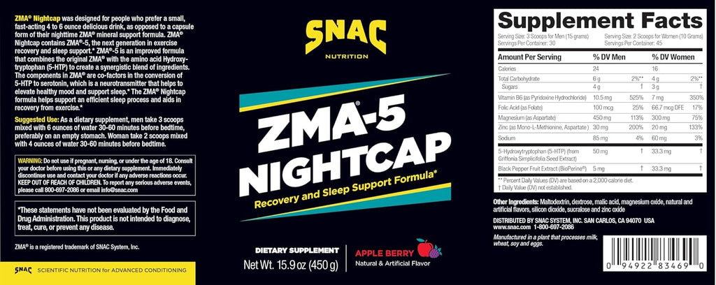 ZMA-5 Nightcap Rapid Recovery - Suplemento pre-entreno para sueño profundo, 450g