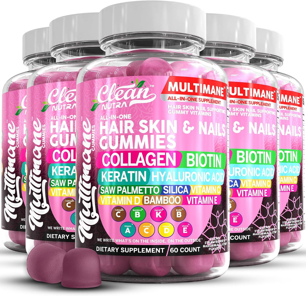 Clean Nutraceuticals Gominolas de Biotina, Colágeno y Queratina | Vitaminas para el Cabello, Piel y Uñas | con Ácido Hialurónico, Bambú, Vitamina A C D3 E, Folato, Saw Palmetto, Sílice, B3, B12 | Vegano