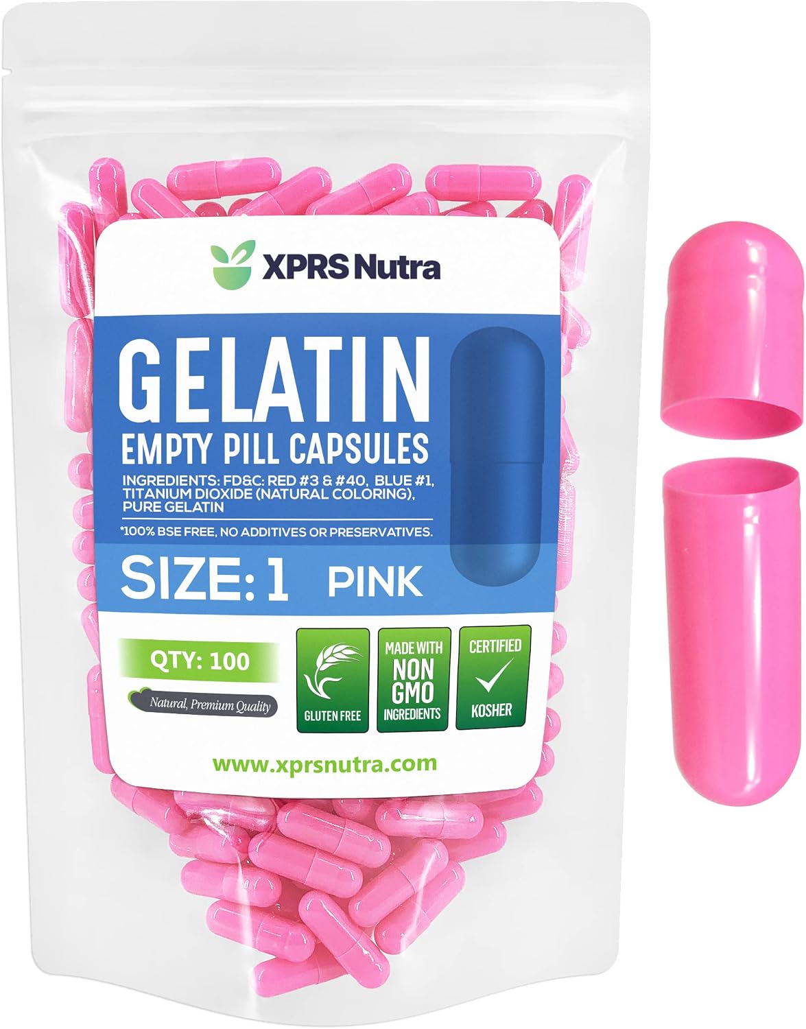 XPRS Nutra Cápsulas Vacías Tamaño 1 - 100 Unidades de Cápsulas de Gelatina - Cápsulas para Rellenar - Gelatina Bovina Pura (Rosa)