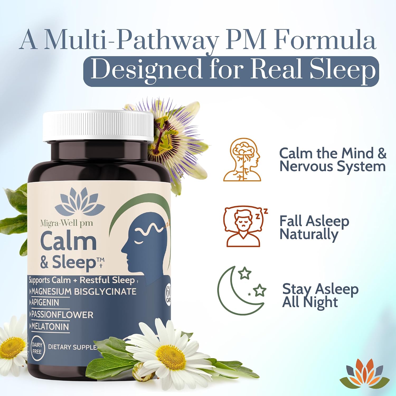 Calm & Sleep: Ayuda para Dormir con Magnesio Bisglicinato, Apigenina y Pasiflora – 60 Cápsulas