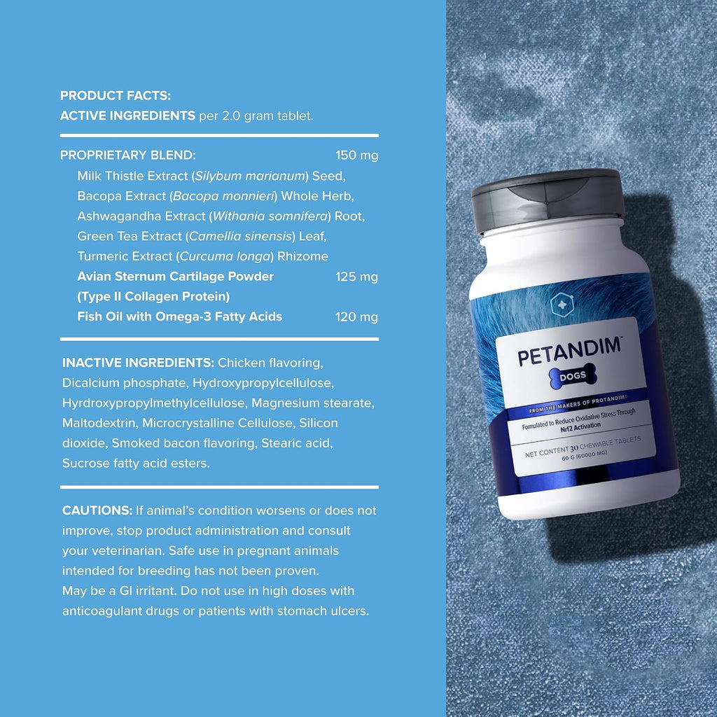Petandim Vitaminas para Perros – 30 Comprimidos Masticables con Antioxidantes, Omega-3 y Colágeno
