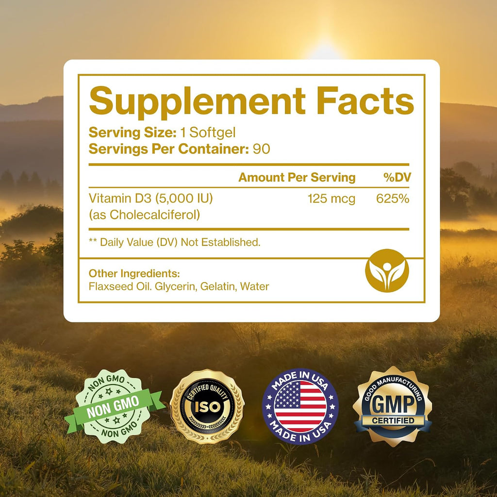 Pure D3 5000 UI – Suplemento de Vitamina D3 (Colecalciferol), 90 Minicápsulas
