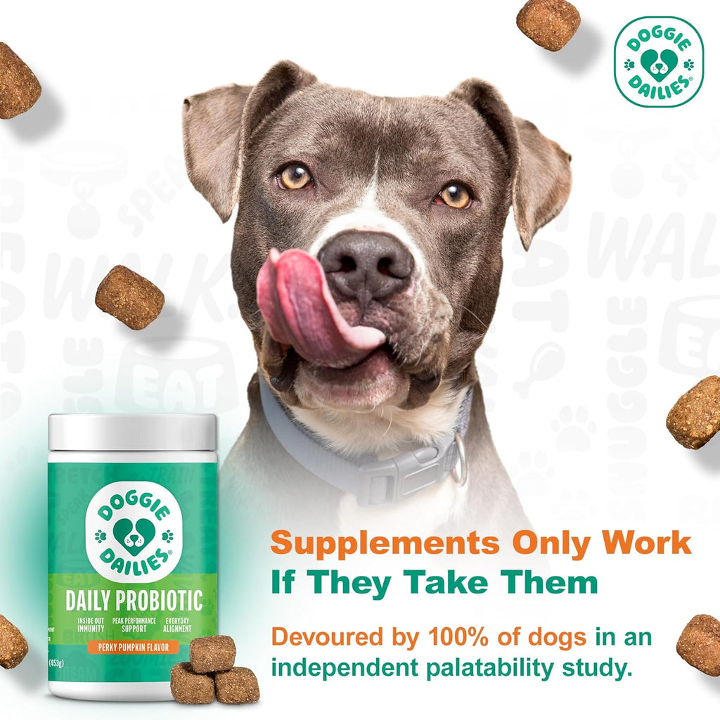 Doggie Dailies Probióticos para Perros con Prebióticos - 225 Masticables Blandos Sabor Calabaza