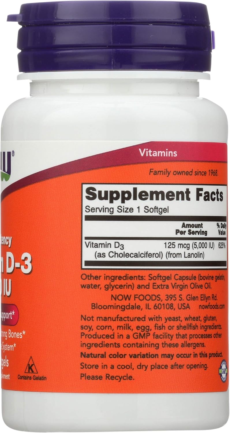 NOW Foods Vitamina D3 5000 UI - 120 Cápsulas Blandas, Pack de 2