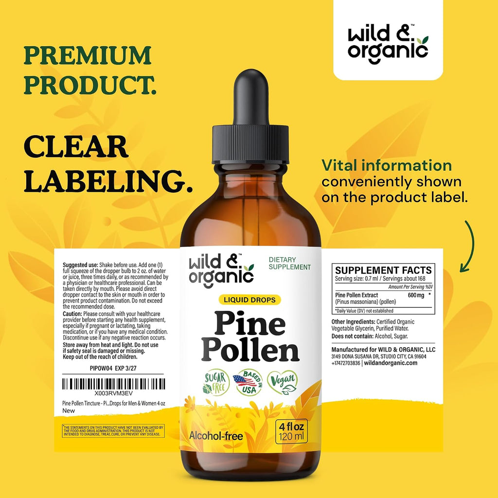 Wild & Organic Pine Pollen Tincture - Tintura de polen de pino ecológica - Extracto puro de Pinus Massoniana - Vegano, sin alcohol ni azúcar - 118 ml