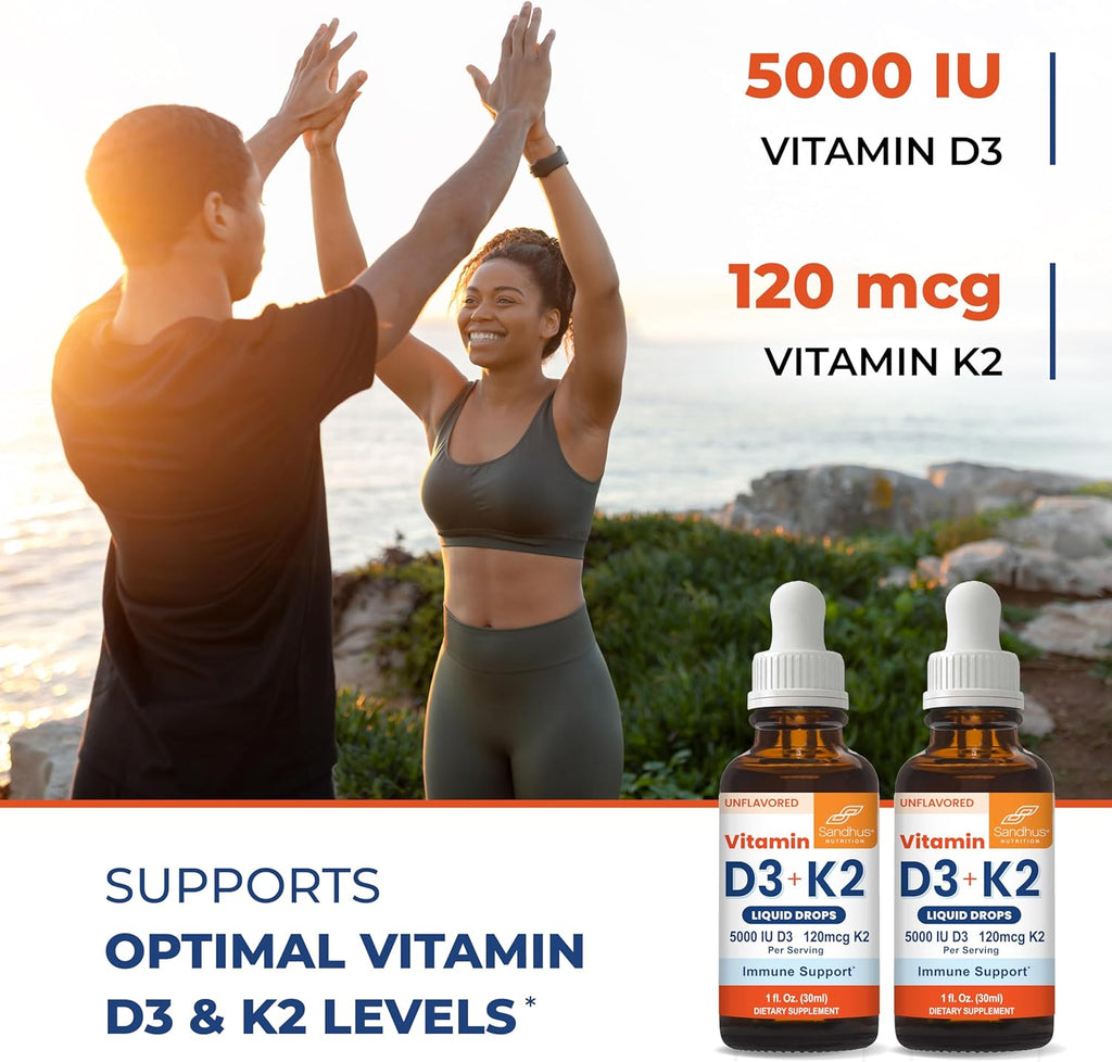 Sandhu's Gotas de Vitamina D3 y K2 para Adultos | 5000 UI D3, 120 mcg K2, 2 x 30 ml
