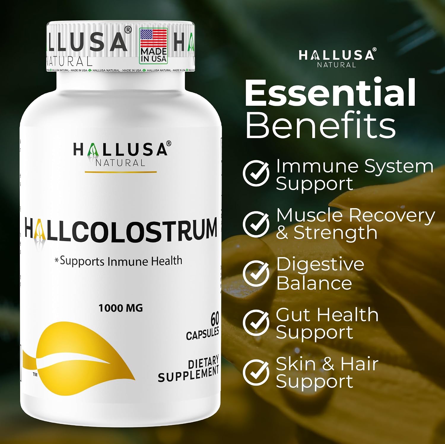 Hallusa Natural Cápsulas de Colostro 1000 mg | Apoyo Inmunológico, Salud Digestiva, Recuperación Muscular, Piel y Cabello, Energía | 60 Cápsulas