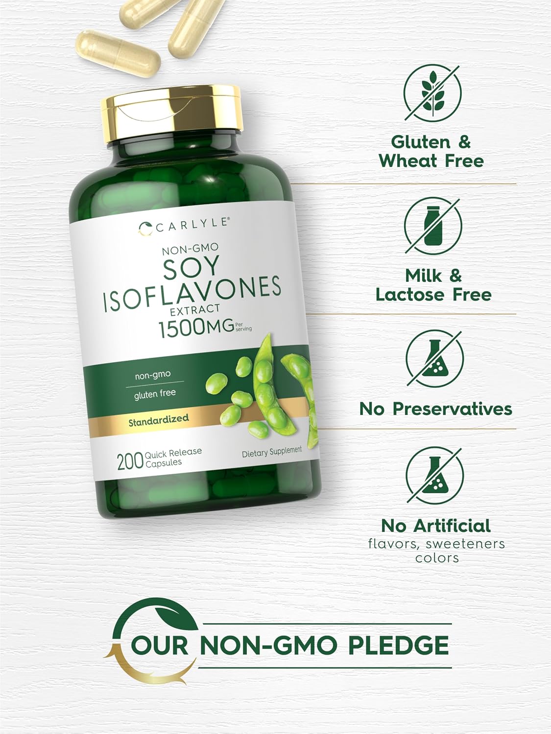 Isoflavonas de Soja Carlyle para Mujeres y Hombres | 200 Cápsulas | Suplemento Extracto No-GMO Sin Gluten