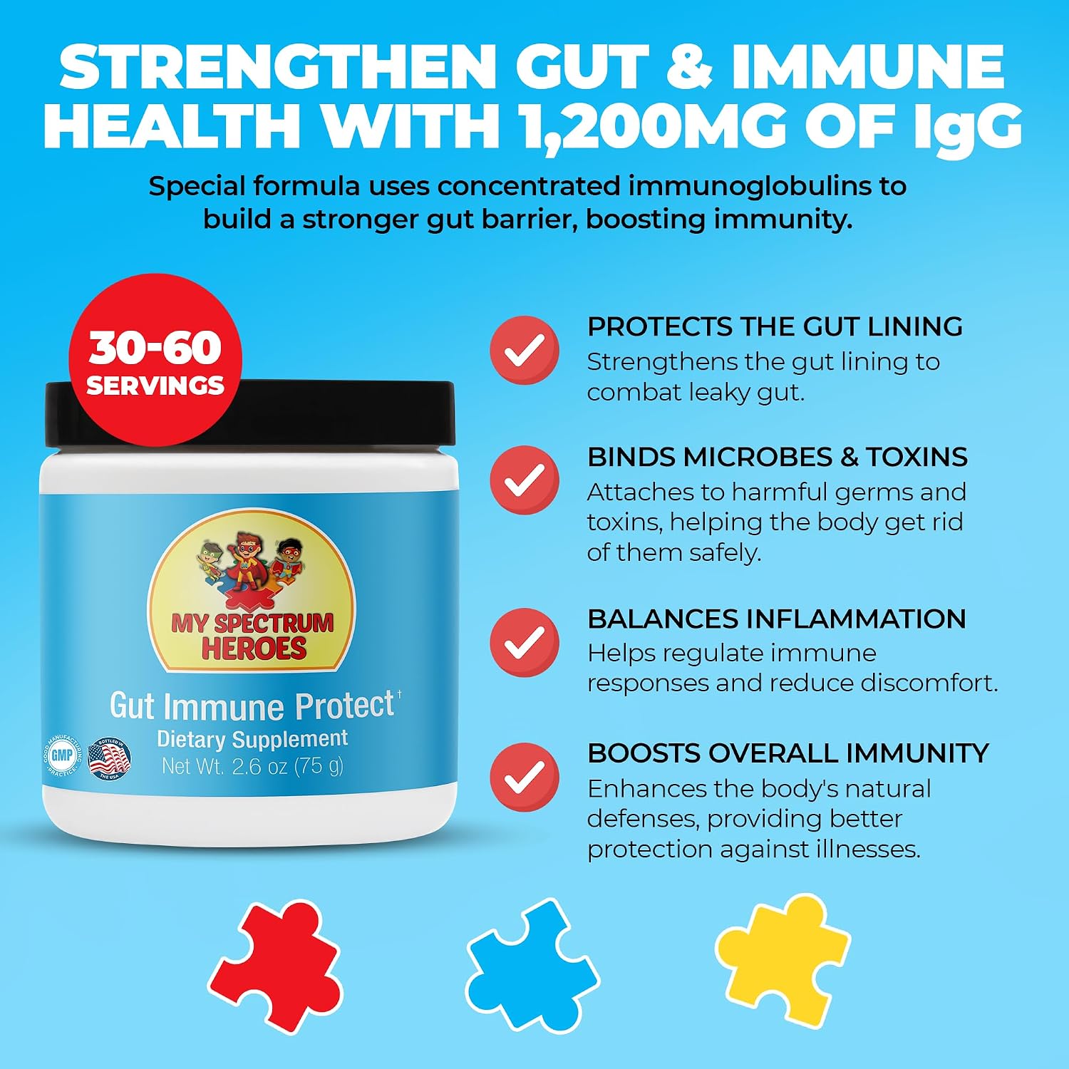 My Spectrum Heroes - Potenciador Intestinal e Inmunológico Infantil, 1200 mg IgG, 60 dosis