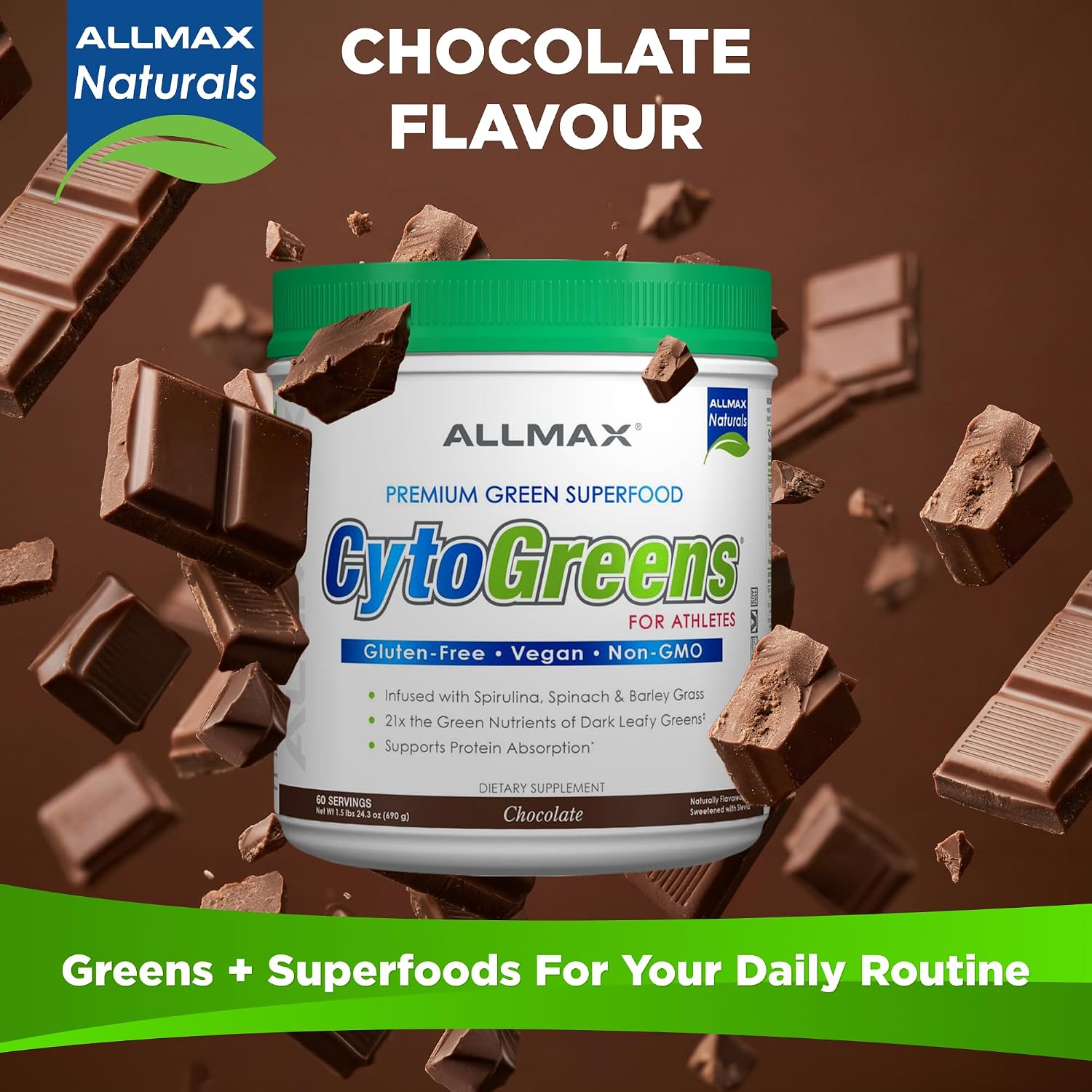 ALLMAX CytoGreens Super Greens Powder, Chocolate, 60 Raciones
