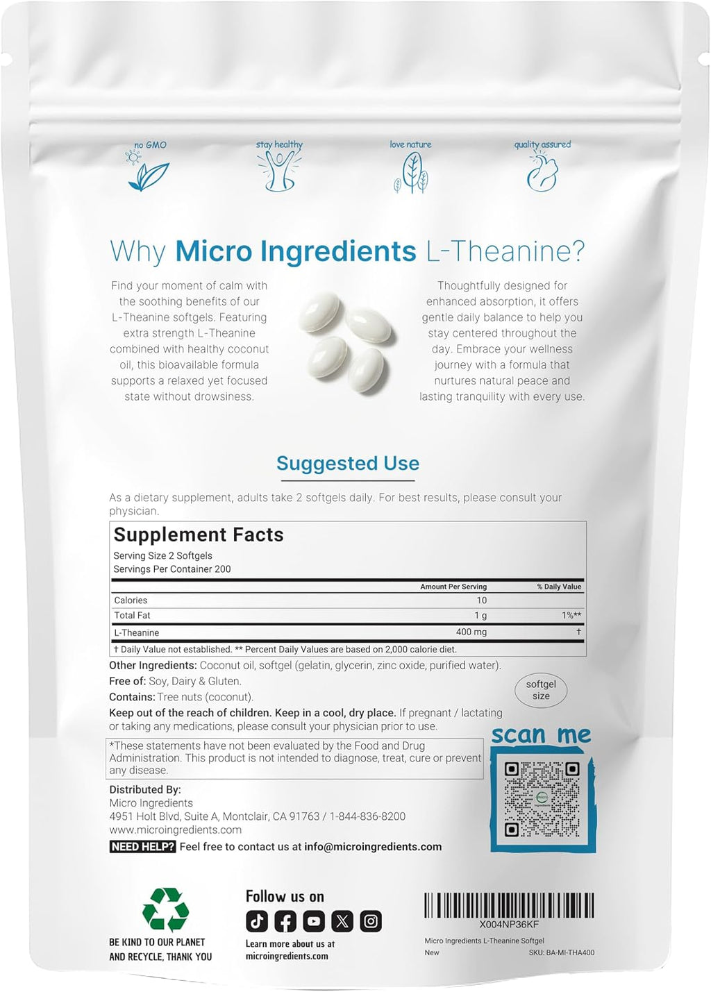 Micro Ingredients L-Teanina 400mg, 400 Softgels