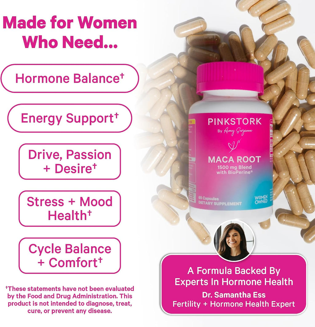 Pink Stork Maca Orgánica en Cápsulas – Maca Peruana con BioPerine para el Bienestar Femenino