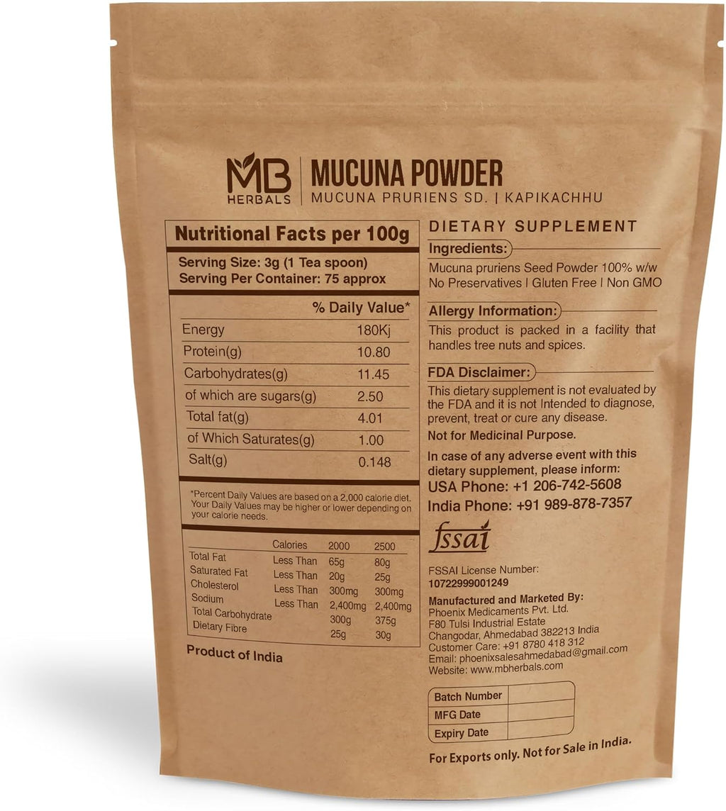 MB Herbals Mucuna Pruriens en Polvo - 227 g (8 oz) - 100% Puro y Natural, Vegano, No GMO