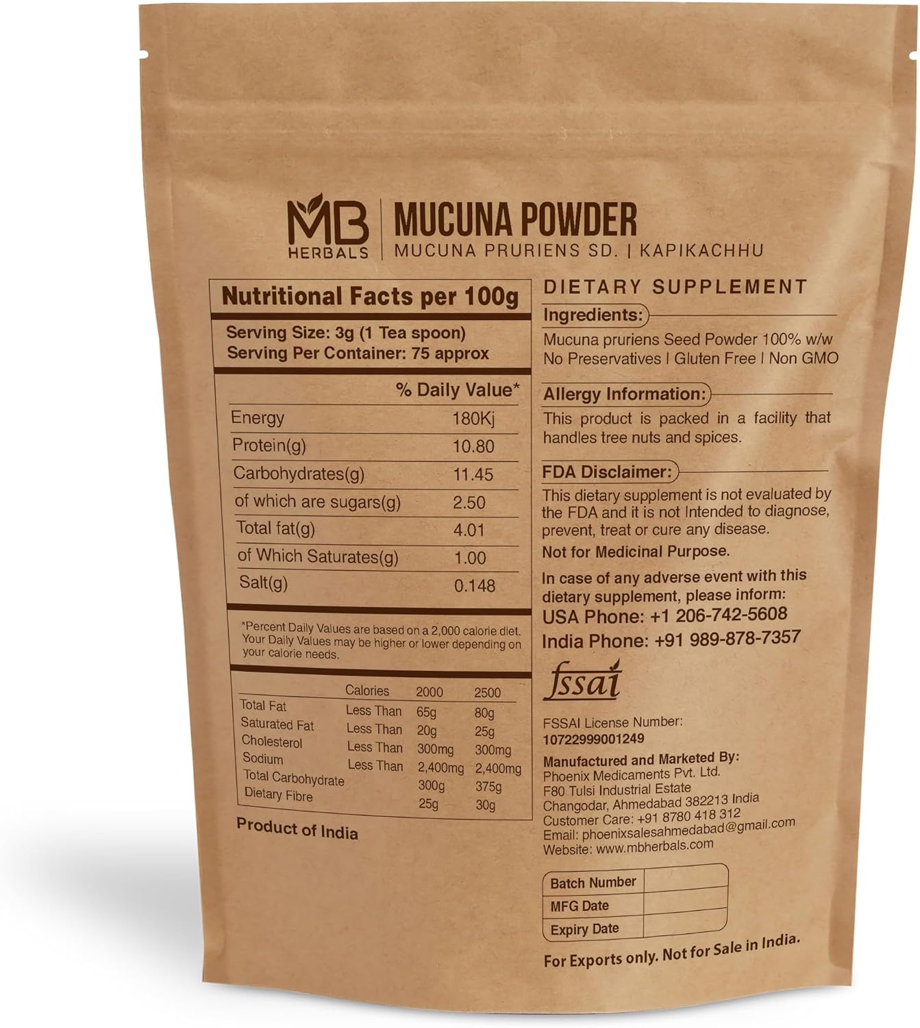 MB Herbals Mucuna Pruriens en Polvo - 227 g (8 oz) - 100% Puro y Natural, Vegano, No GMO
