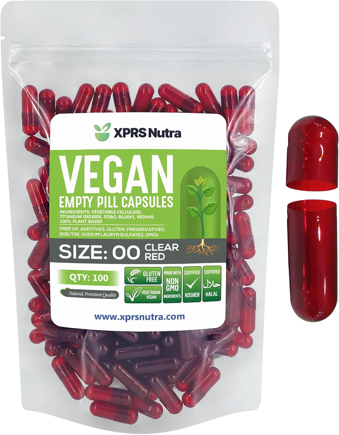 XPRS Nutra Cápsulas Vacías Veganas Tamaño 00 - 100 Unidades (Rojo Transparente)