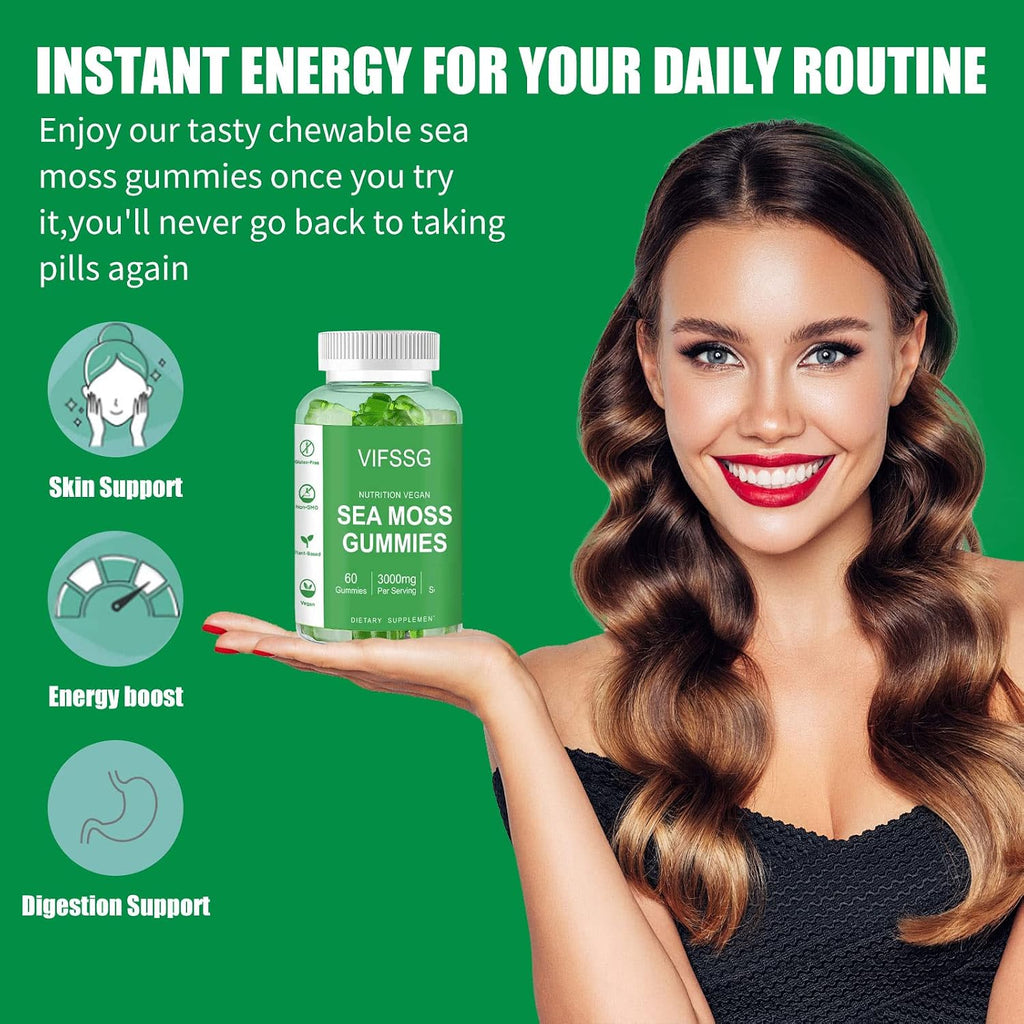 VIFSSG Sea Moss Gummies 3000mg - Gominolas de Musgo Marino con Bladderwrack y Bardana - 60 Gomitas Veganas